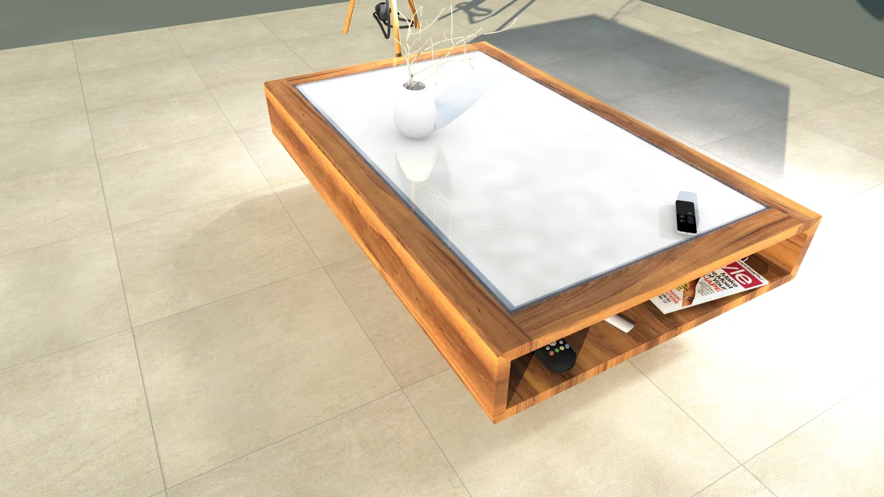 Reignier-Esery - Une table basse en verre et noyer — réalisation de l’Atelier des Rocailles